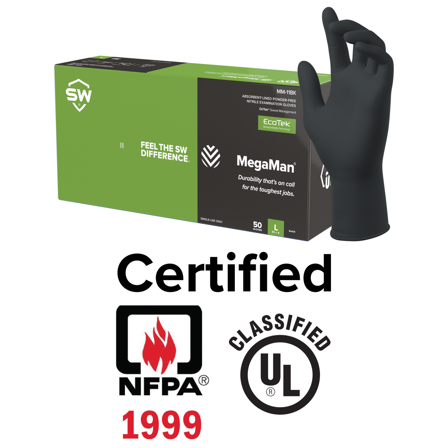 MM-11BK SW® Safety MegaMan® EcoTek® Biodegradable DriTek® Black Nitrile Exam Gloves (10-mil)